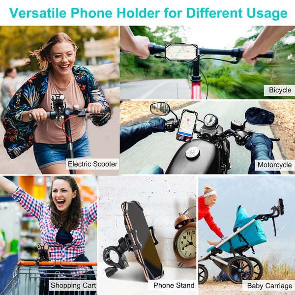 versatile phone holder for different usage such as electric scooter bicycle mortorcycle shopping cart phone stand baby carriage etc